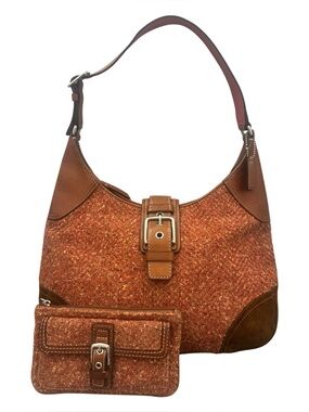 Vintage Coach Soho Tweed Herringbone Texture Y2K Hobo Bag & Matching Wallet Set